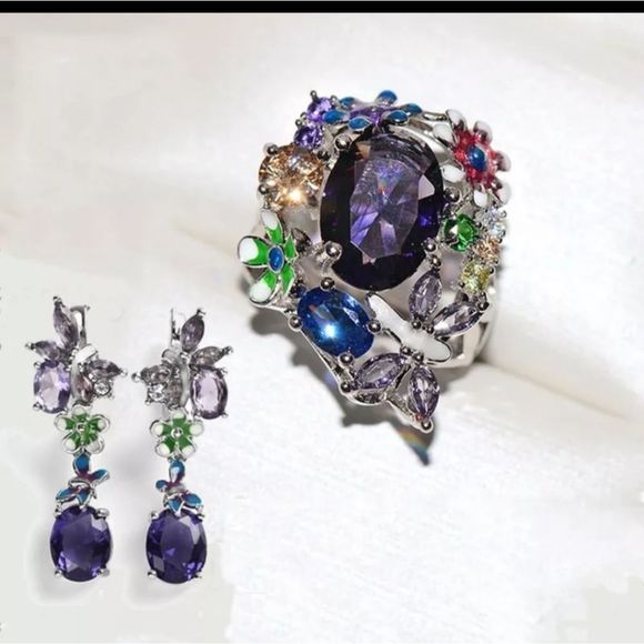 Silver amethyst and crystal earrings and ring flower statement boho set - Picture 1 of 5